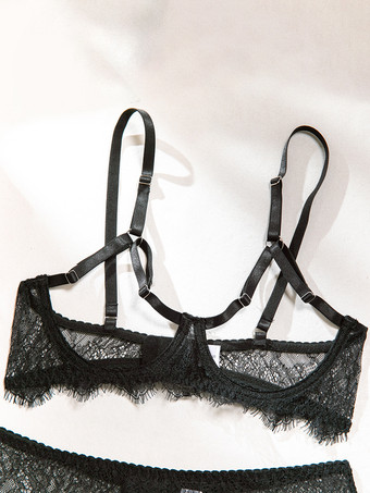 レースカップレスランジェリー　レースブラックブラジャー＆ショーツ4点セット