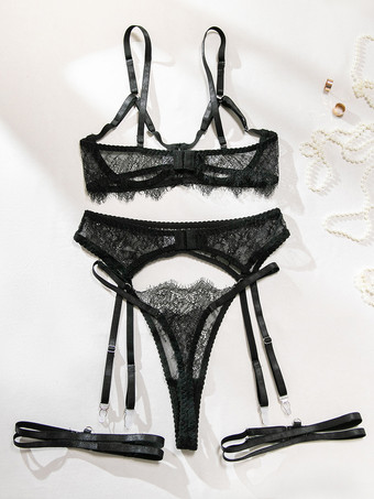 レースカップレスランジェリー　レースブラックブラジャー＆ショーツ4点セット