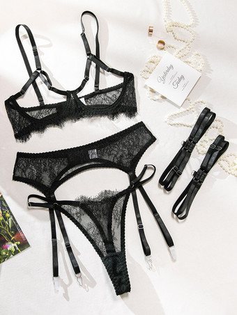 レースカップレスランジェリー　レースブラックブラジャー＆ショーツ4点セット