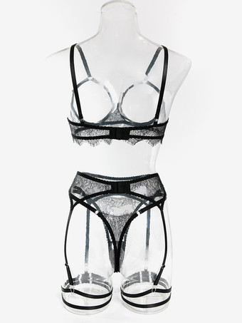 レースカップレスランジェリー　レースブラックブラジャー＆ショーツ4点セット