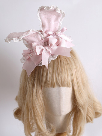 Fascia Lolita In Pizzo Rosa Con Fiore, Copricapo Vintage Per Cosplay E Feste, Accessorio Capelli Bianco.