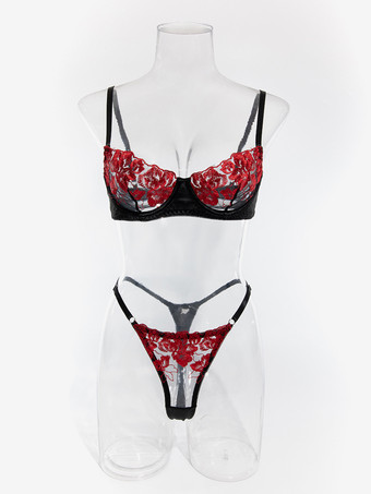 レースランジェリー　レースブラックフリル付きブラジャー＆ショーツ2点セット