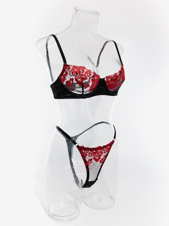 レースランジェリー　レースブラックフリル付きブラジャー＆ショーツ2点セット