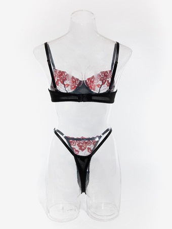 レースランジェリー　レースブラックフリル付きブラジャー＆ショーツ2点セット