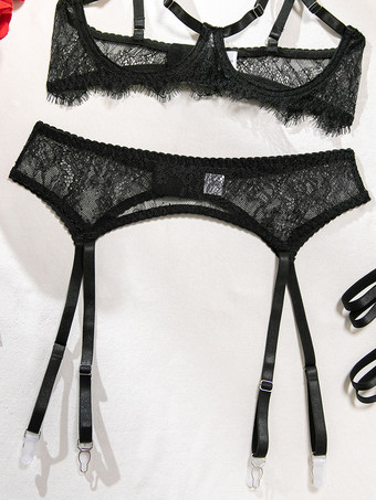 レースカップレスランジェリー　レースブラックブラジャー＆ショーツ4点セット