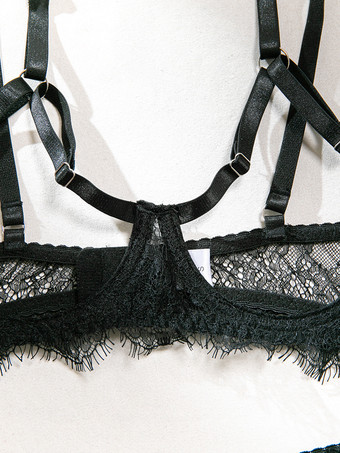レースカップレスランジェリー　レースブラックブラジャー＆ショーツ4点セット