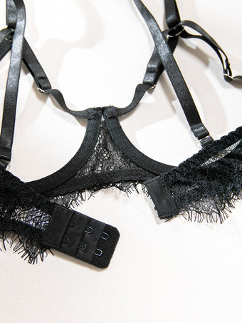 レースカップレスランジェリー　レースブラックブラジャー＆ショーツ4点セット