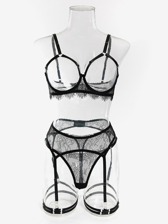 レースカップレスランジェリー　レースブラックブラジャー＆ショーツ4点セット