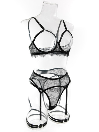 レースカップレスランジェリー　レースブラックブラジャー＆ショーツ4点セット
