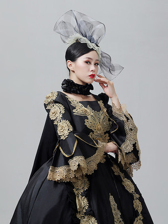 ヴィンテージドレス バロック ロココ ヴィクトリアン コートガウン マリー・アントワネットスタイル 金刺繍 ブラックドレス