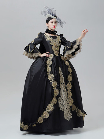 ヴィンテージドレス バロック ロココ ヴィクトリアン コートガウン マリー・アントワネットスタイル 金刺繍 ブラックドレス