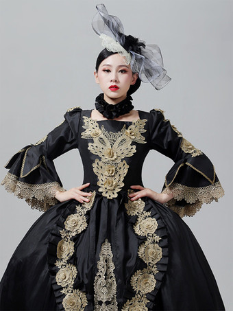 ヴィンテージドレス バロック ロココ ヴィクトリアン コートガウン マリー・アントワネットスタイル 金刺繍 ブラックドレス