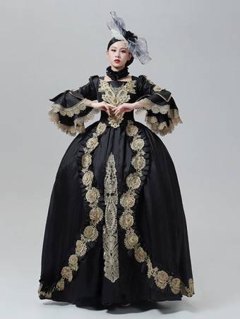 ヴィンテージドレス バロック ロココ ヴィクトリアン コートガウン マリー・アントワネットスタイル 金刺繍 ブラックドレス