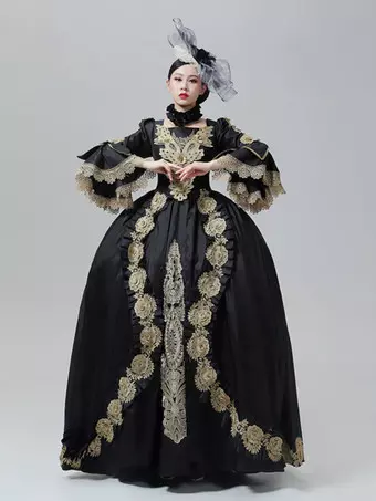 baroque black and gold dress Vintage Dress Baroque Rococo Victorian Court Gown Marie Antoinette Style  Gold Embroidery Black Dress