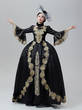 ブラック ヴィンテージドレス バロック ロココ ヴィクトリアン コートガウン マリー・アントワネットスタイル 金刺繍 ブラックドレス