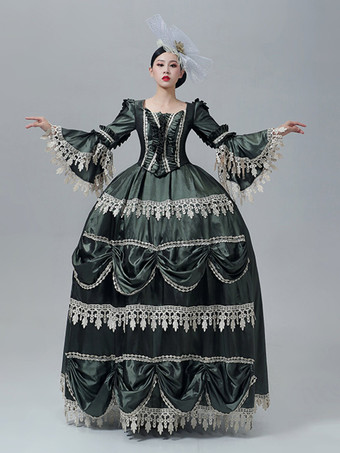 ダークグリーンヴィンテージ ヴィクトリアン ドレス マリー・アントワネット風 長袖 トランペットスリーブ レーストリム ヴィンテージドレス