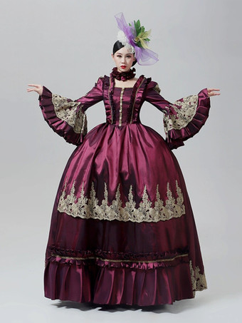 フクシア ヴィンテージ ヴィクトリアン ドレス マリー・アントワネット風 刺繍スカート フレア 長袖 ヴィンテージ ガウン
