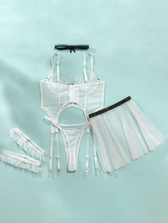 ブライダルランジェリーパジャマセット ホワイトリボン付き 屋内用 シースルー 5点セット