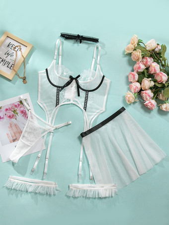 ブライダルランジェリーパジャマセット ホワイトリボン付き 屋内用 シースルー 5点セット