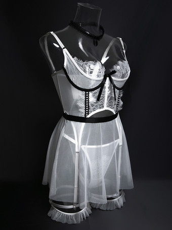 ブライダルランジェリーパジャマセット ホワイトリボン付き 屋内用 シースルー 5点セット