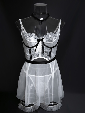 ブライダルランジェリーパジャマセット ホワイトリボン付き 屋内用 シースルー 5点セット