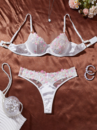 ホワイト 花柄プリントの透け感のある白いブラジャーとショーツのツーピースランジェリーセット