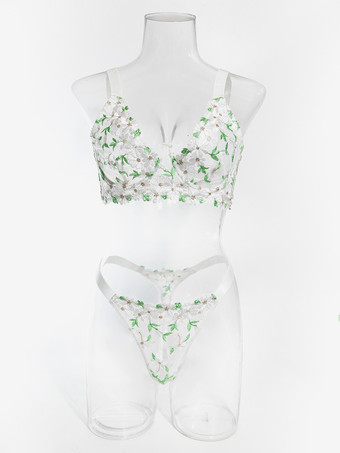 Completo intimo in pizzo trasparente con stampa floreale verde composto da reggiseno e slip due pezzi.