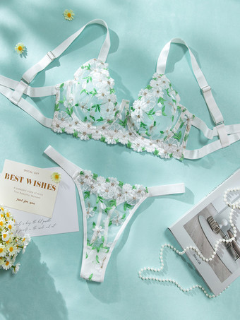 Completo intimo in pizzo trasparente con stampa floreale verde composto da reggiseno e slip due pezzi.