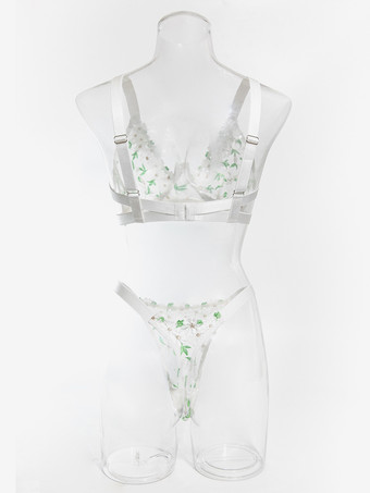 Completo intimo in pizzo trasparente con stampa floreale verde composto da reggiseno e slip due pezzi.
