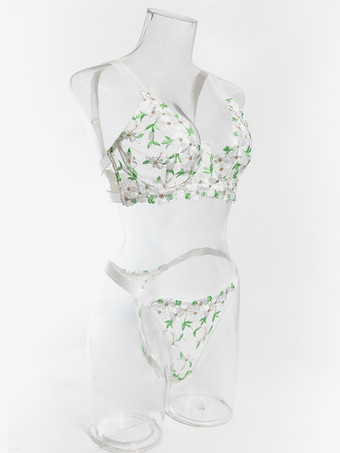 Completo intimo in pizzo trasparente con stampa floreale verde composto da reggiseno e slip due pezzi.