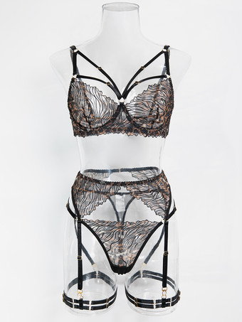 レースランジェリー　レース調節可能　レースアップ　ブラック　ブラジャー＆ショーツ　4点セット