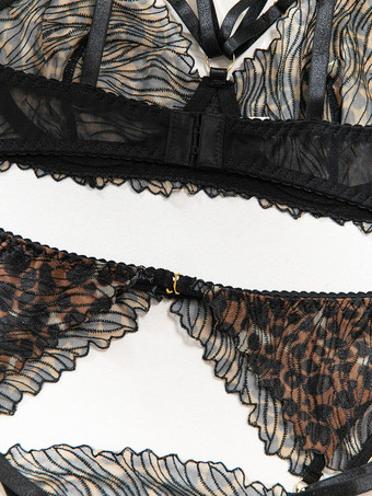 レースランジェリー　レース調節可能　レースアップ　ブラック　ブラジャー＆ショーツ　4点セット