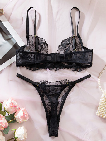 レースランジェリー ブラック フリル付き 2ピース ブラジャー＆ショーツセット