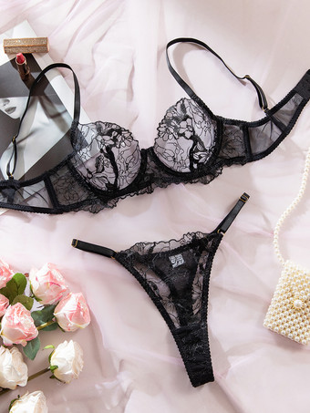 レースランジェリー ブラック フリル付き 2ピース ブラジャー＆ショーツセット