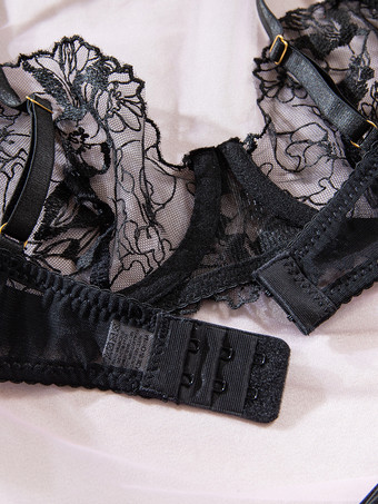 レースランジェリー ブラック フリル付き 2ピース ブラジャー＆ショーツセット