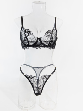 レースランジェリー ブラック フリル付き 2ピース ブラジャー＆ショーツセット