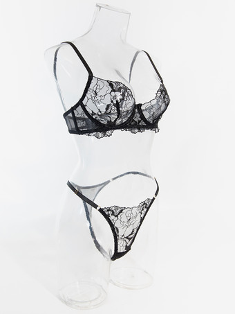 レースランジェリー ブラック フリル付き 2ピース ブラジャー＆ショーツセット