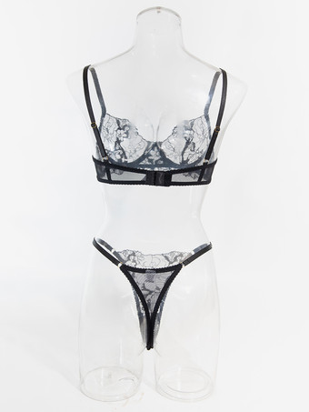 レースランジェリー ブラック フリル付き 2ピース ブラジャー＆ショーツセット