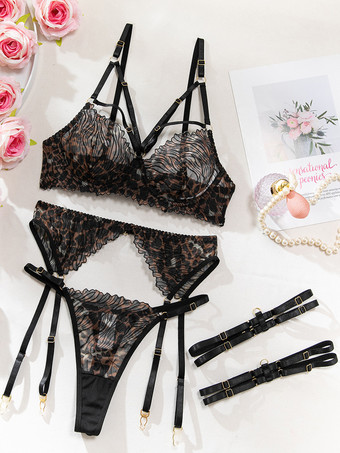 レースランジェリー　レース調節可能　レースアップ　ブラック　ブラジャー＆ショーツ　4点セット