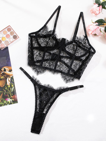 レースのフリル付きブラックのブラジャーとショーツのツーピースセット