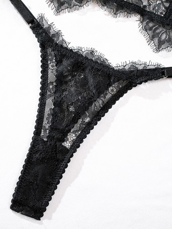 レースのフリル付きブラックのブラジャーとショーツのツーピースセット