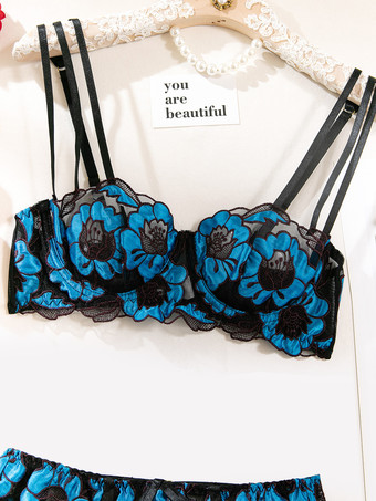 ブライダルランジェリー 花柄プリント シースルー ホワイト ブラジャー＆ショーツ 3点セット