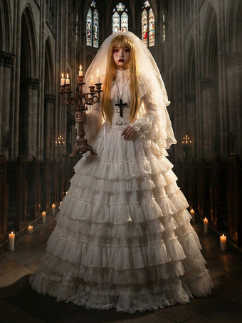 ホワイト ゴシックロリータファッションコスチューム ワンピース フリル 長袖 ロングロリータドレス