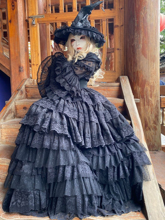 ブラック ゴシックロリータファッションコスチューム ワンピース フリル 長袖 ロングロリータドレス