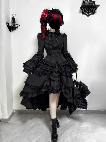 黒のゴシックロリータドレス、フリル付きトランペットスリーブ、長袖フリルロリータドレス