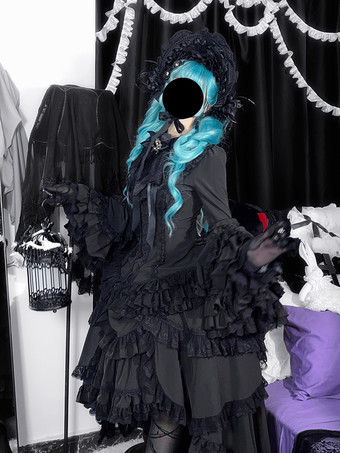 黒のゴシックロリータドレス、フリル付きトランペットスリーブ、長袖フリルロリータドレス