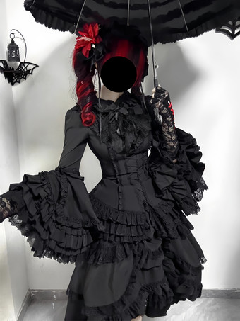 黒のゴシックロリータドレス、フリル付きトランペットスリーブ、長袖フリルロリータドレス