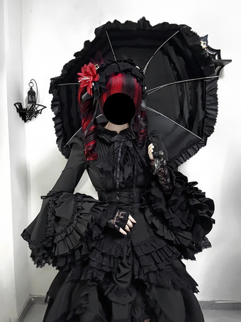 黒のゴシックロリータドレス、フリル付きトランペットスリーブ、長袖フリルロリータドレス