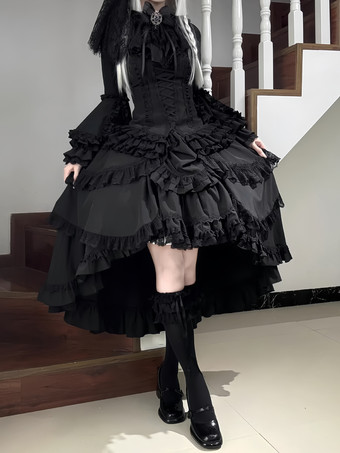 黒のゴシックロリータドレス、フリル付きトランペットスリーブ、長袖フリルロリータドレス