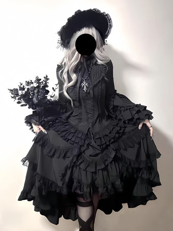 ブラック 黒のゴシックロリータドレス、フリル付きトランペットスリーブ、長袖フリルロリータドレス